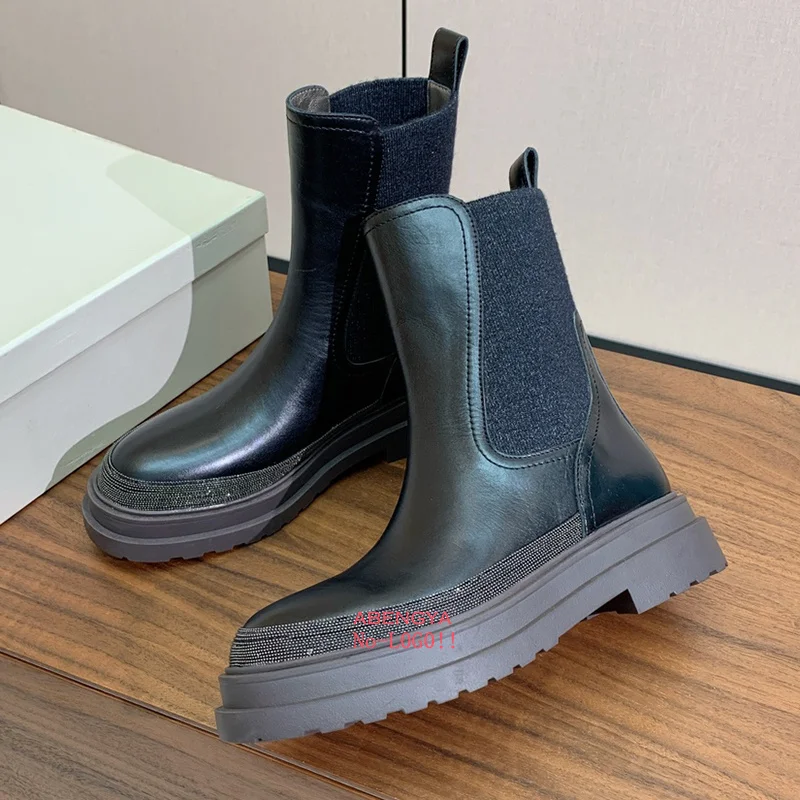 Sepatu Bot Wanita Musim Dingin Diskon Besar, Model Setengah Betis, Ujung Tebal, Kulit, Platform, Sepatu Bot Pendek, Desainer, Kasual, Model Chelsea