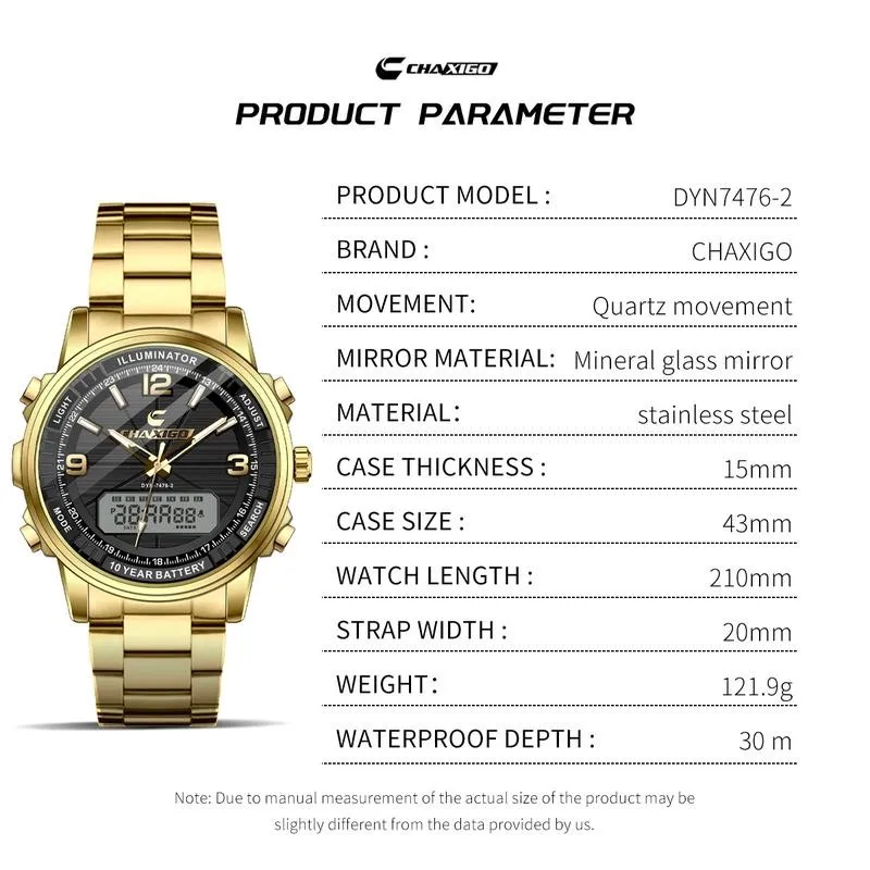 ساعة CHAXIGO للرجال بشاشة عرض مزدوجة بحزام من الفولاذ المقاوم للصدأ 43 ملم تناظرية ورقمية، مقاومة للماء حتى 30 مترًا، مضيئة، متعددة الوظائف