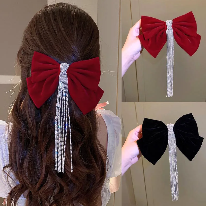 Korean Velvet Bow Hair Pins Fabric Rhinestone Tassel Hair Clips for Women Luxulry Jewelry Spring Clip Girls Hair Accessories