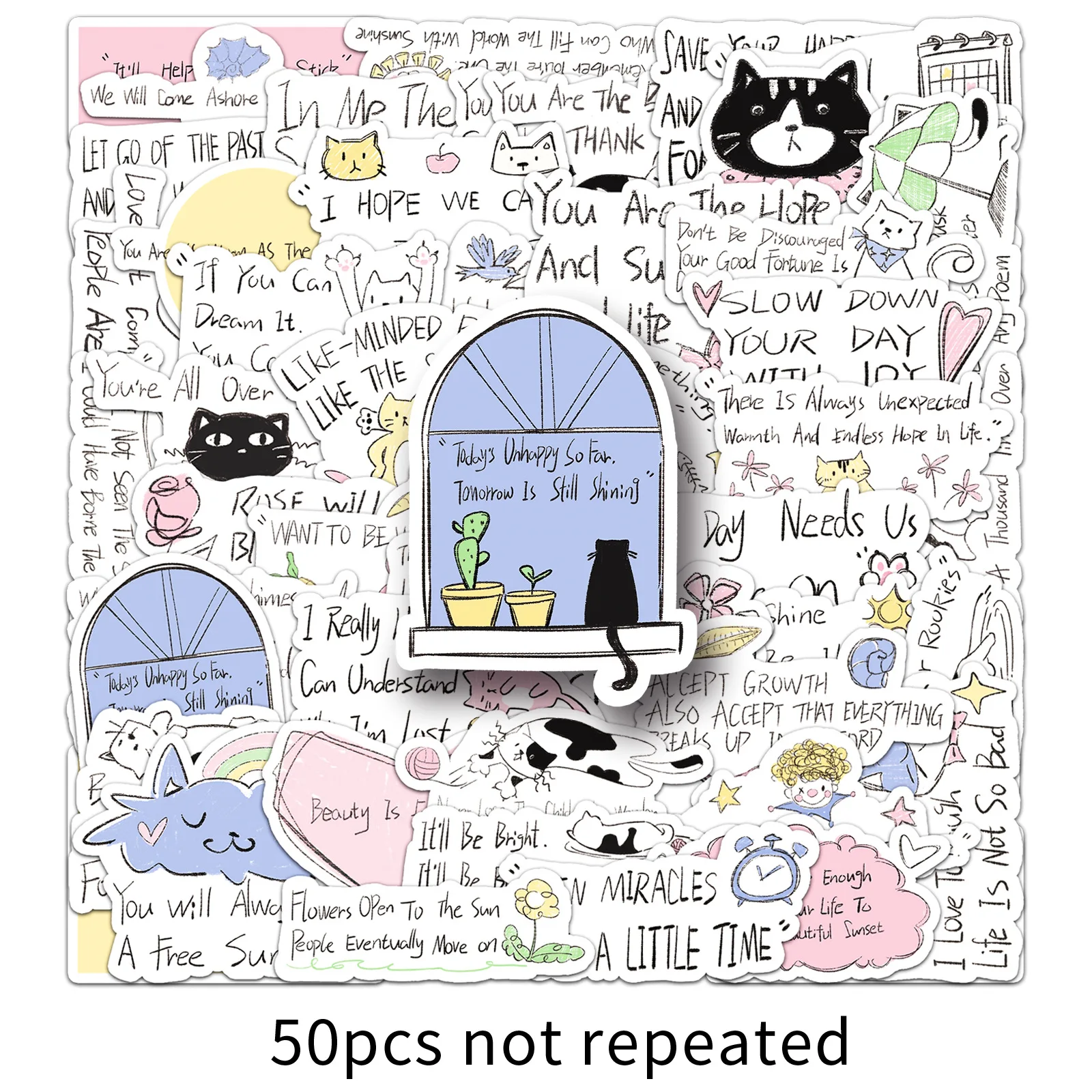 

50Pcs/Set Cute Stickers Funny Cat Meme Quote Stickers Vintage Black White Decals for Planner Journal Kids Party Favors Gifts ﻿ ﻿