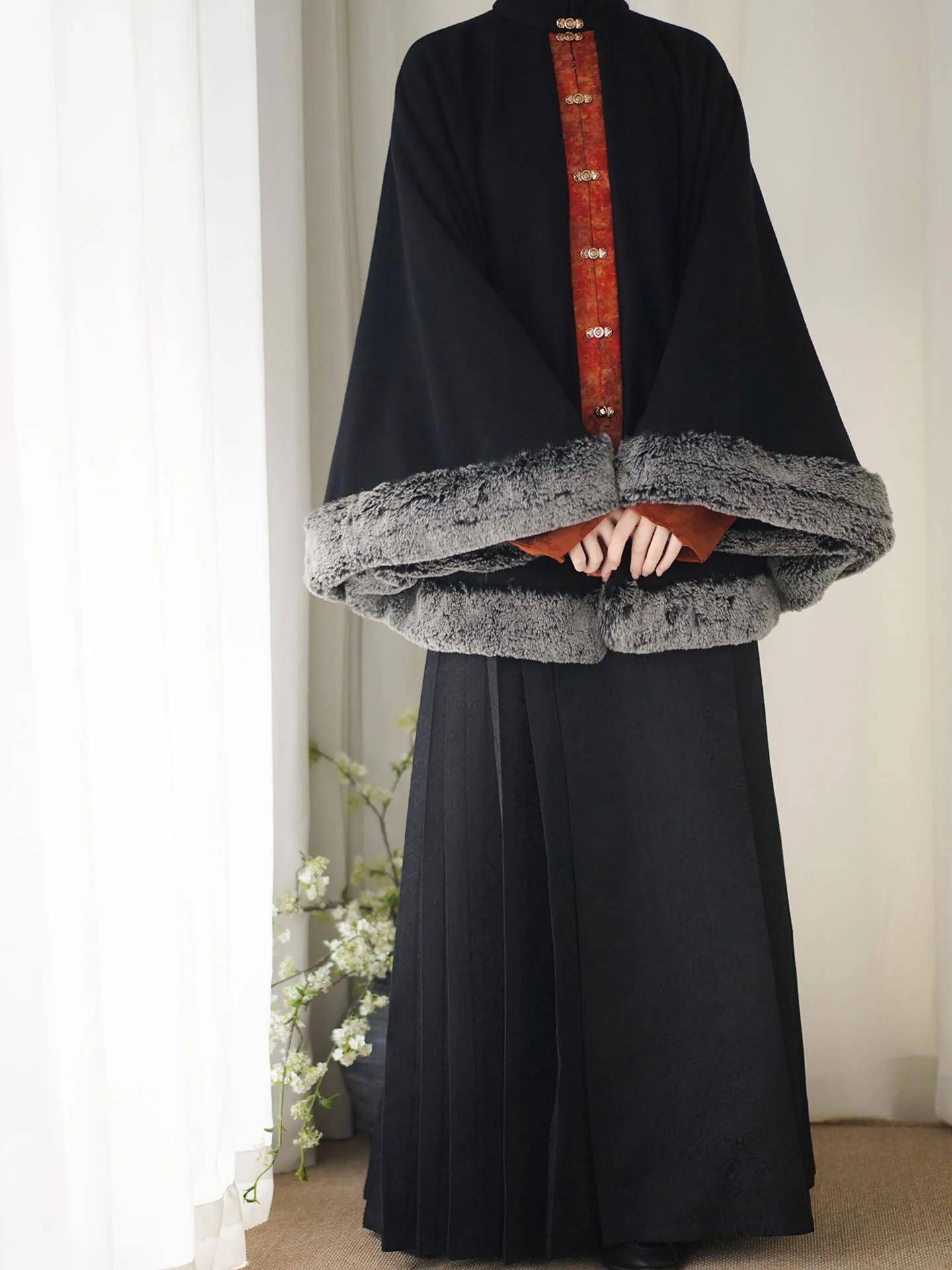 

Wearable Winter Warm Fce Lined Coat Collar awl hine Waable round Ne T Sve with ket Bla Hanfu Set