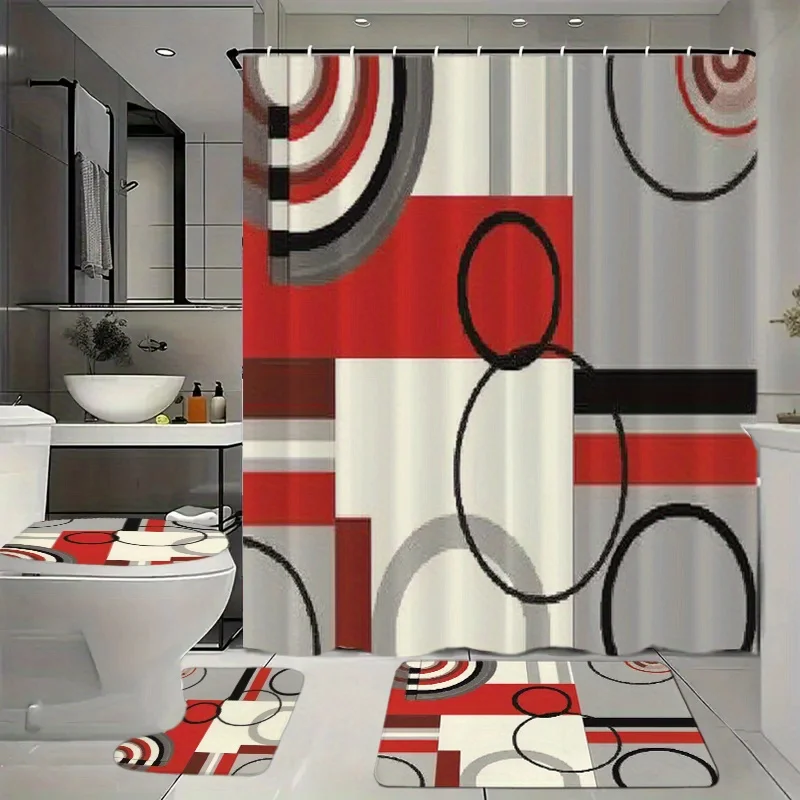 

Набор для ванной комнаты из 4 предметов с занавеской для душа, 12 крючков, напольным ковриком, крышкой для унитаза и аксессуарами с современным геометрическим узором — стильный