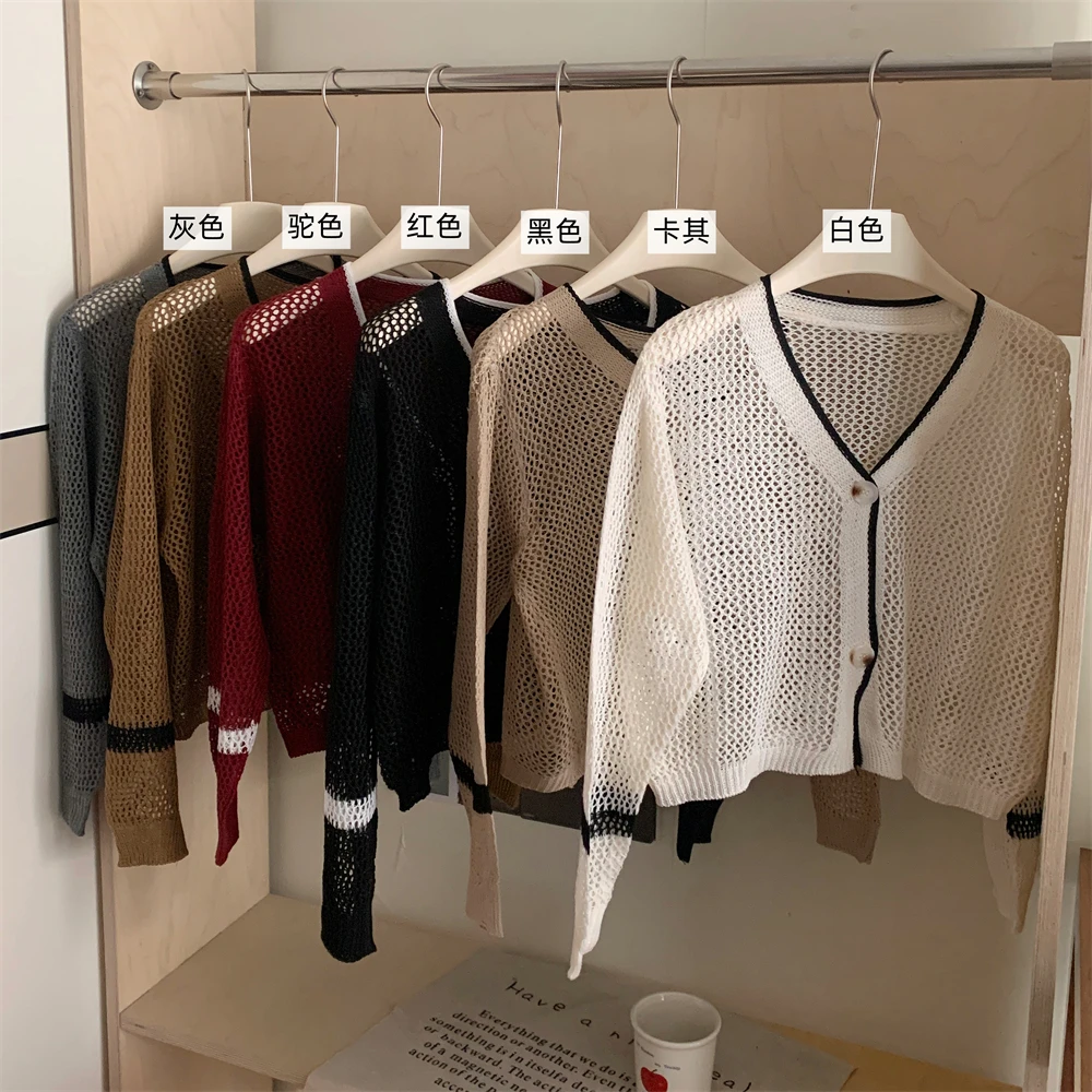 Single Button Crochet Mesh Cardigan for Women Semi Sheer Openwork Sunscreen Cover Up Summer Hollow-out Top Knitted Cardigan