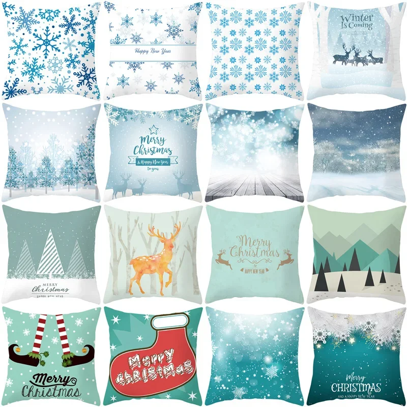 

Home Decor Blue Christmas Cushion Cover Peach Skin Snowflake Print Cushion Cover Square Antifouling Sofa Cover funda de almohada