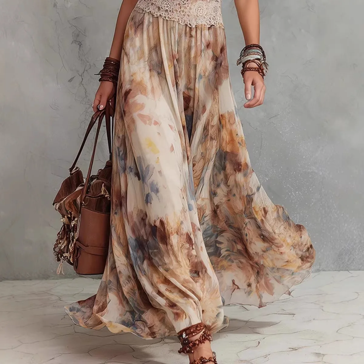 Woman's Bohemian style vintage oil painting summer floral suspender waist cinching dress beach vacation long dress tourism 2026