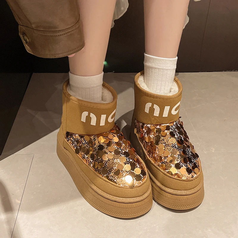 

Women's Winter Warm Snow Boots 2024 Waterproof Anti-slip Bling Cotton Women Padded Thickened Platform Ankle Boots Botas Mujer