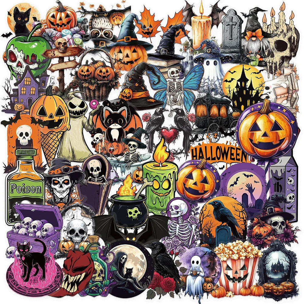 10/30/50pcs Transparent Horror Halloween Pumpkin Ghost Stickers Gothic Skull Decals Toys DIY Luggage Phone Notebook Cool Sticker