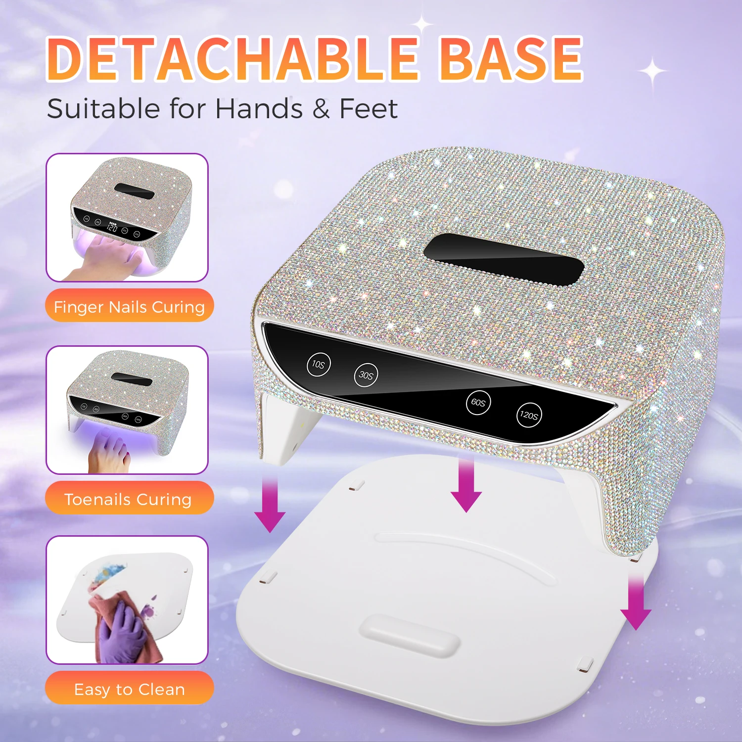 مصباح تجفيف الأظافر مع أحجار الراين القابلة لإعادة الشحن، آلة تجفيف طلاء الأظافر اللاسلكية مع مقبض مصباح LED للأظافر بالأشعة فوق البنفسجية