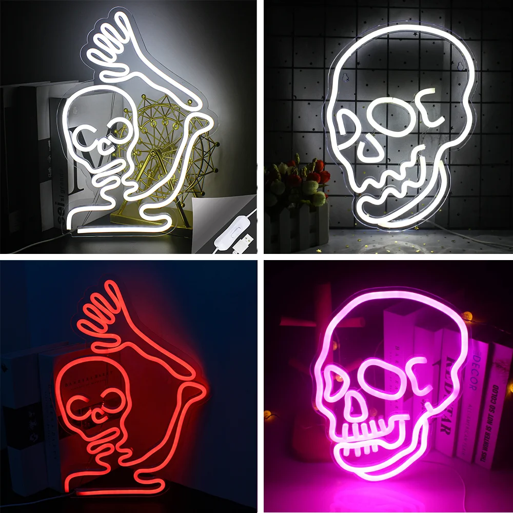 Skeleton Skull Neon Sign for Halloween Party Wall Decor Dimmable USB Led Neon Signs for Bar Club Club Party Bedroom Decor Light