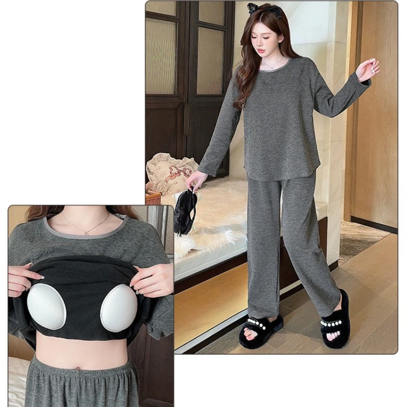 

M-5XL Plus Size Women Cashmere Pajama Sets with Built-in Bra Korean Simple Sleepwear Winter Thick Warm Thermal Sets Homesuit