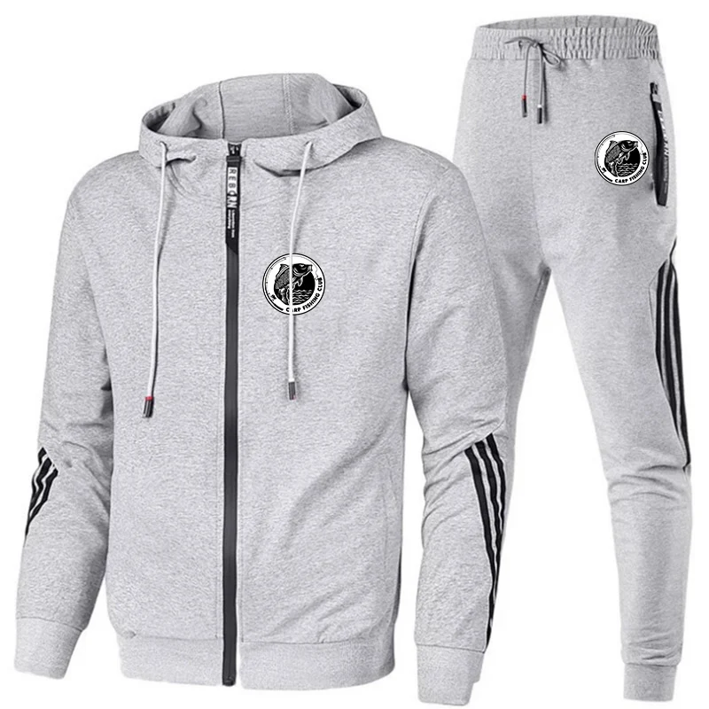 Carp Fishing 2024 Spring and Autumn New Leisure Sports Men's Fashion Printed Hooded Zipper Sweater Sportpant Two Piece Set