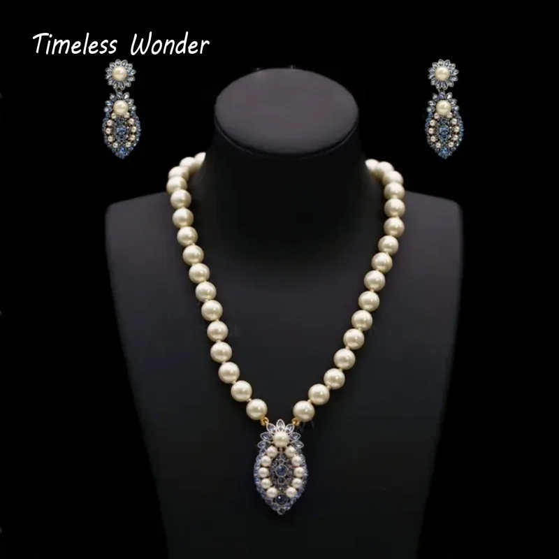 

Timeless Wonder Fancy Zircon Glass Beaded Pave Necklace N Stud Earrings Women Designer Fine Jewelry Set Classy Rare Vintage 4612