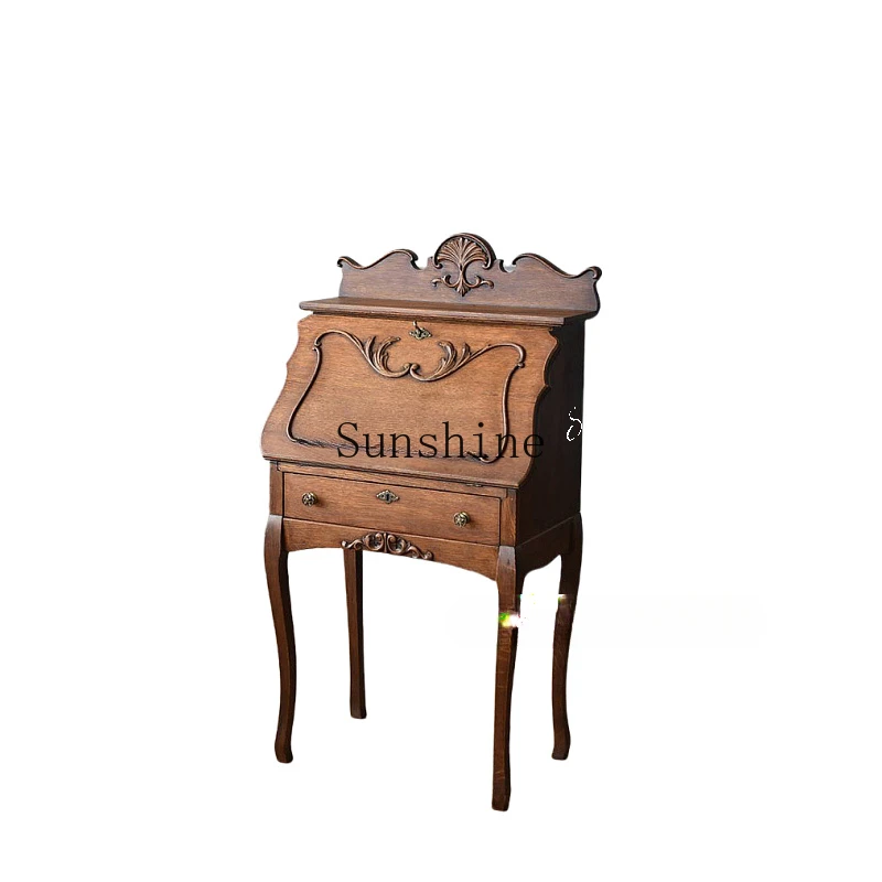Medieval solid wood bookshelf French engraved flip cover Multifunctional folding locker Makeup table  FT