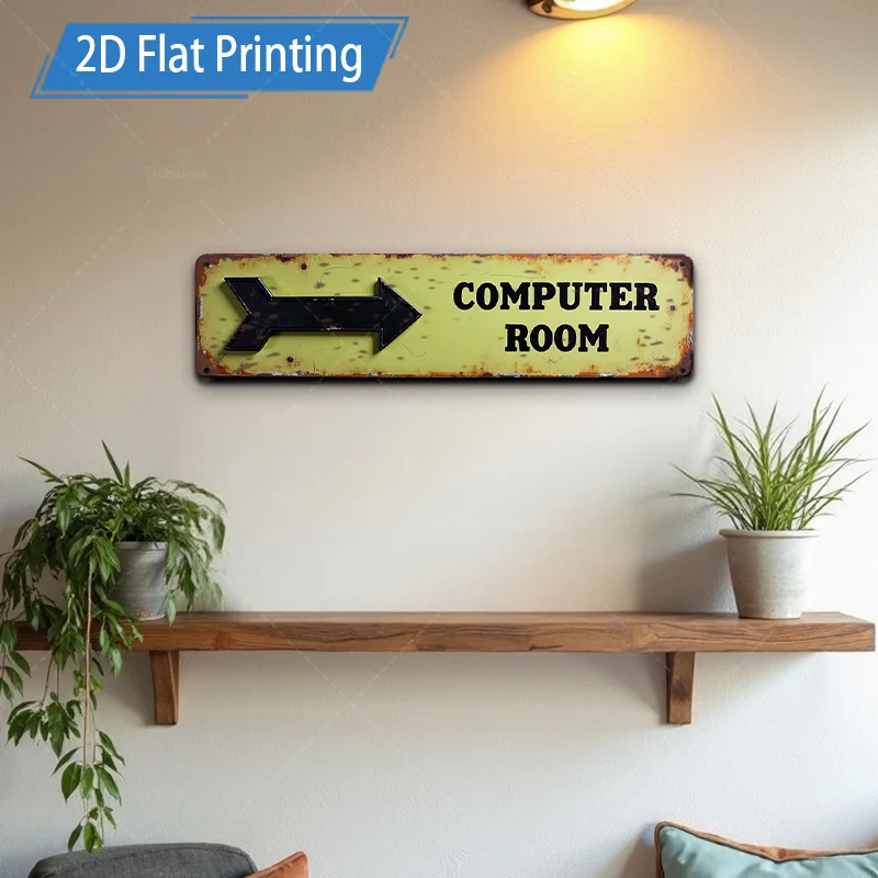 [2D FLAT] قطعة واحدة من لافتة معدنية، لافتة معدنية ريفية مقاس 4 × 16 بوصة، فن جداري على شكل سهم اتجاهي لغرفة الكمبيوتر