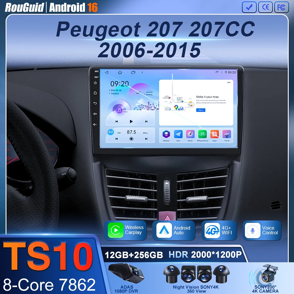 

Android 16 Car Radio For Peugeot 207 CC 207CC 2006-2015 QLED Auto radio Carplay GPS 5G WIFI Multimedia BT Wireless Head Unit