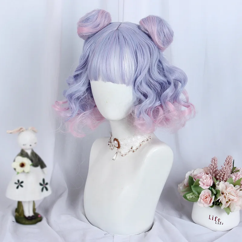 VICWIG-Peruca sintética encaracolada curta para mulheres, cabelo lolita diário com dois chignon, azul, roxo, rosa gradiente, cosplay de festa,