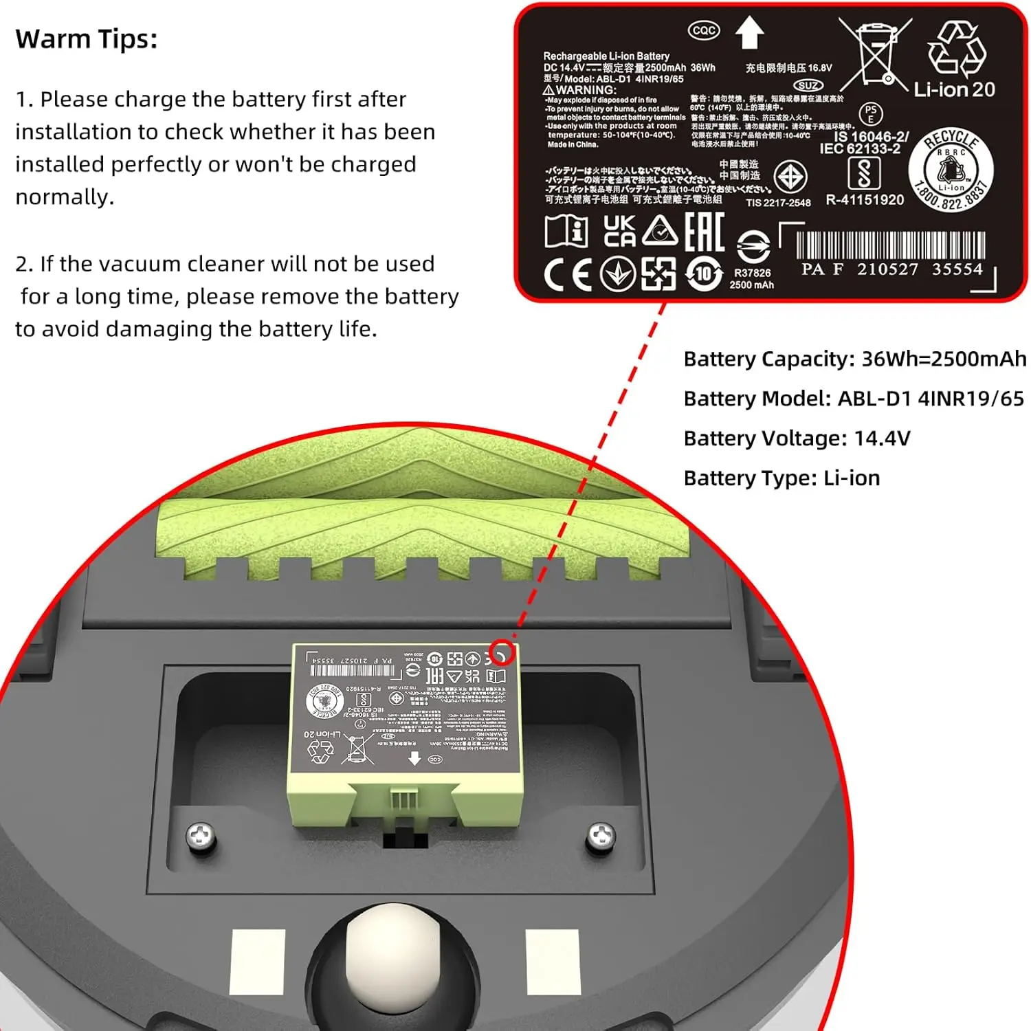 ABL-D1 Akku für iRobot Roomba i7 j7 e5 e6 e5150 e5152 e6198 und i3 i3+ 3150 3550 i4 4150 i4+ 4550 4552 I7 i7158 i7+ 7150 7550