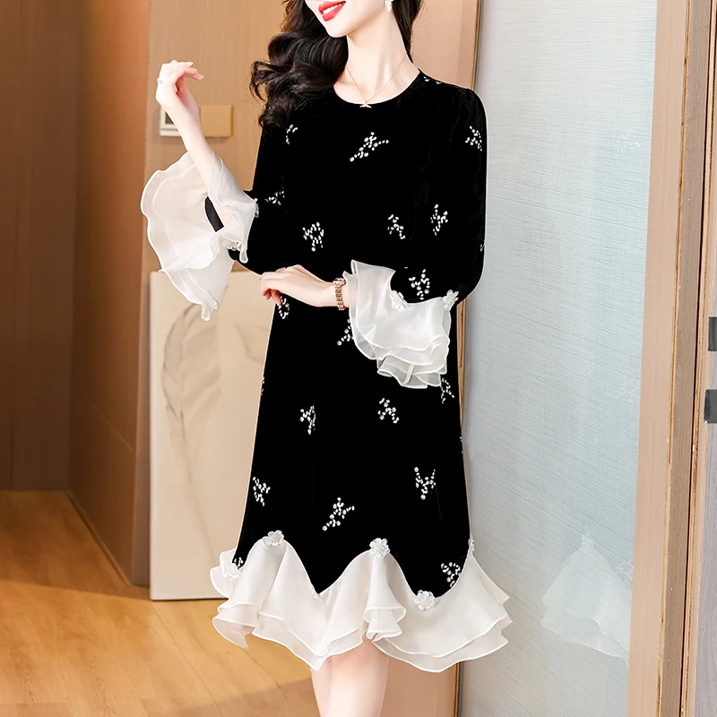 2024 Autumn New Black Silk Flower Embroidered O-neck Trumpet Velvet Dress Loose Large Mesh Splicing Spódnica do kolan