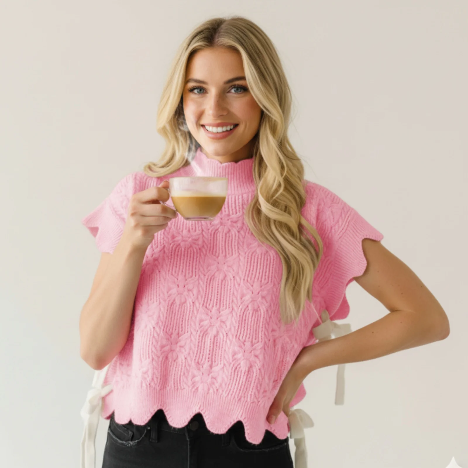 

Women Bandage Knit Vest Sleeveless Turtleneck Tie-up Solid Color Loose Fall Winter Sweater for Casual Daily