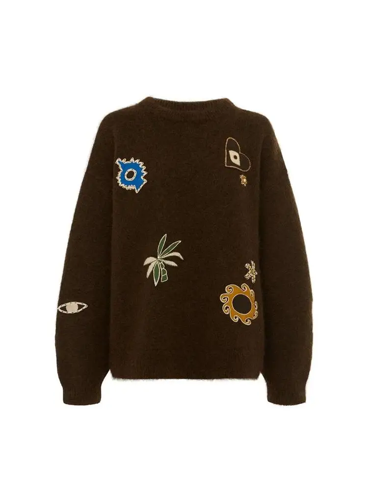 Loose Knitted Soft Cozy Abstract Patterned Deep Brown Women's Sweater Autumn Winter Casual Style round Neck Long Sleeve Top