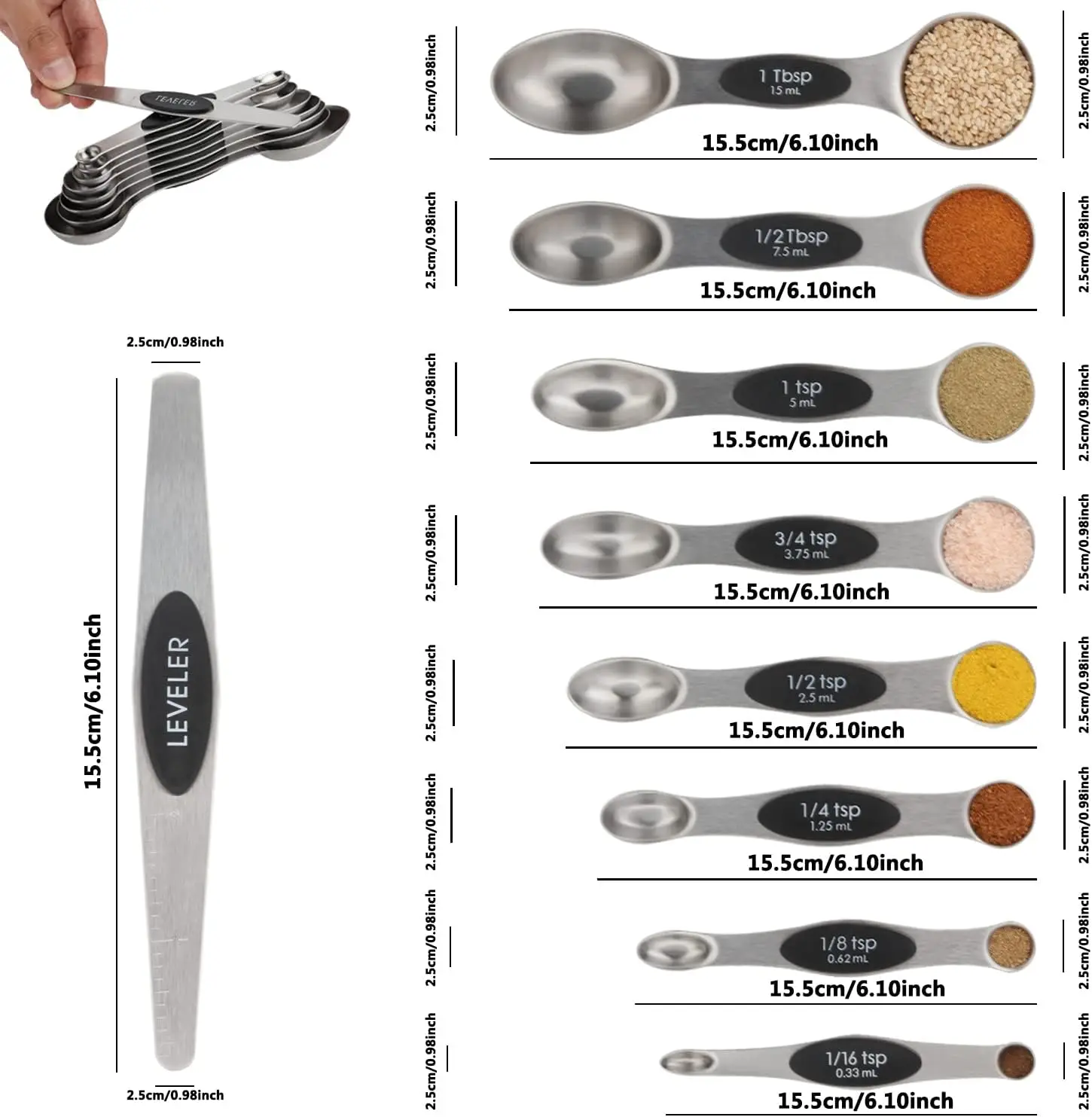 Measuring Spoons  Magnetic Measuring Spoons Dual Sided Stainless Steel Measuring Spoons Stackable Nesting Tablespoon Teaspoon