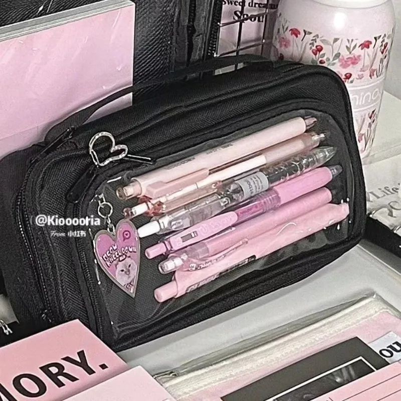 INS Large Capacity Transparent Visual Window Canvas Pencil Case Student Stationery Box Black College Style Zipper Pencil Bag