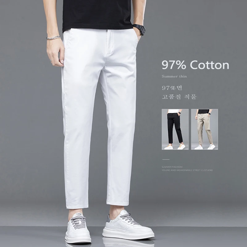 

Summer Thin Men's White Pants 97% Cotton Elastic Comfortable Fashion Korean Slim Straight Ankle Trousers Business Casual Clothes