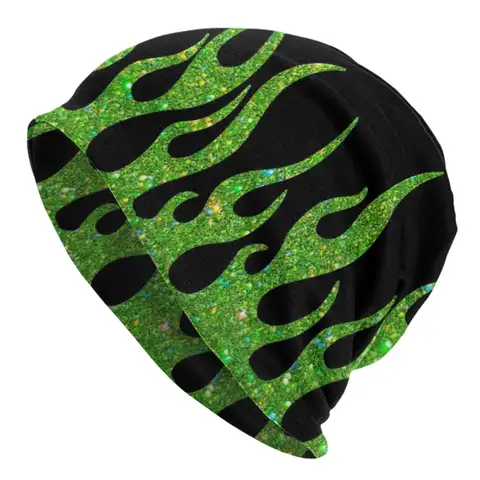 Custom Green Glitter Flames Skullies Beanies Caps Fashion Winter  Knitting Hats Adult Unisex Vintage Fire Aesthetic Bonnet Hats