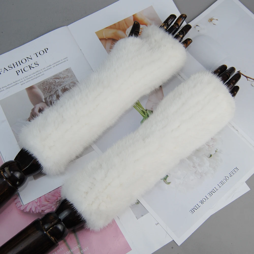 New Women 100% Real Genuine Knitted Mink Fur Mittens Winter Warm Lady Real Fur Fingerless Gloves Handmade Knit Mink Fur Mitten