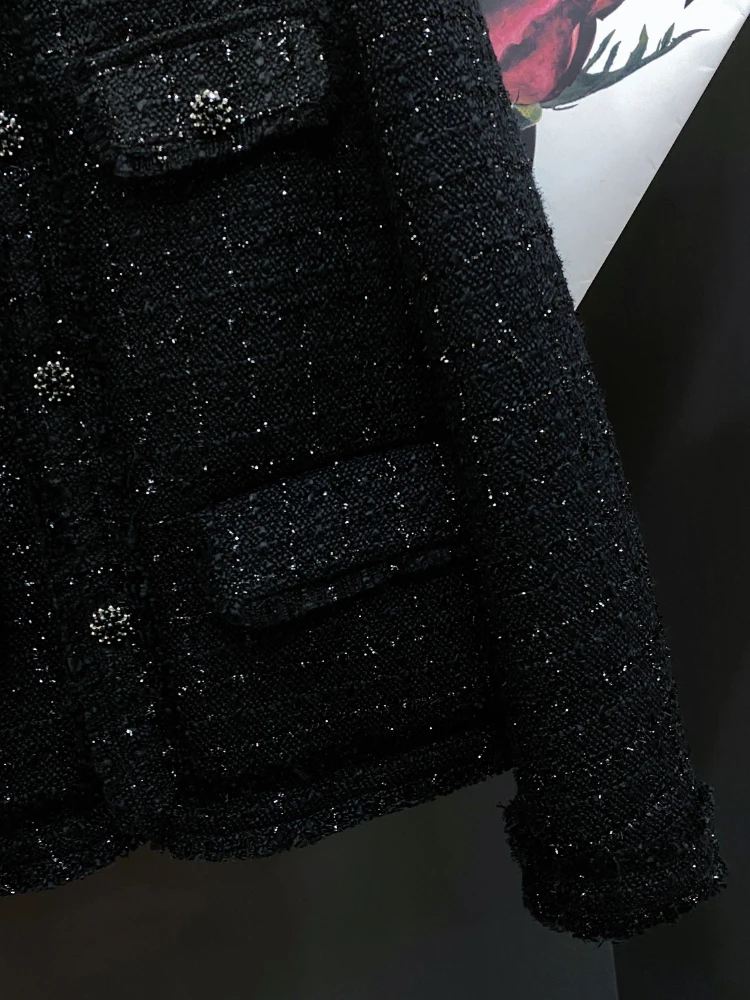 Fashion Black Tweed Down Coat Women Autumn Winter 2023 New High Quality Bright Silk Woolen Jacket+Skirt French Elegant Suit