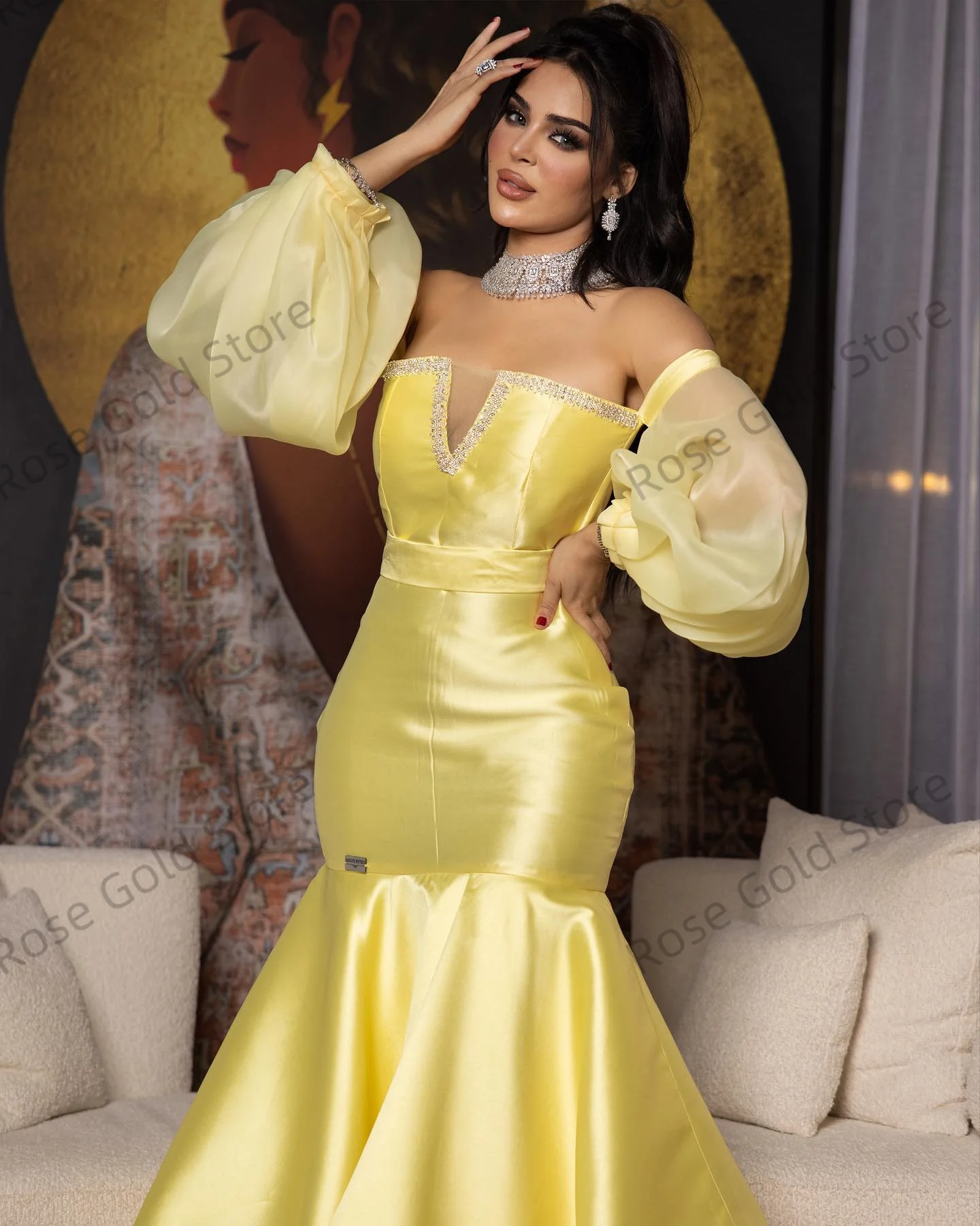 Vintage amarelo árabe vestido de noite fora do ombro sereia vestidos de gala personalizado feminino longo em camadas miçangas formal vestidos de baile