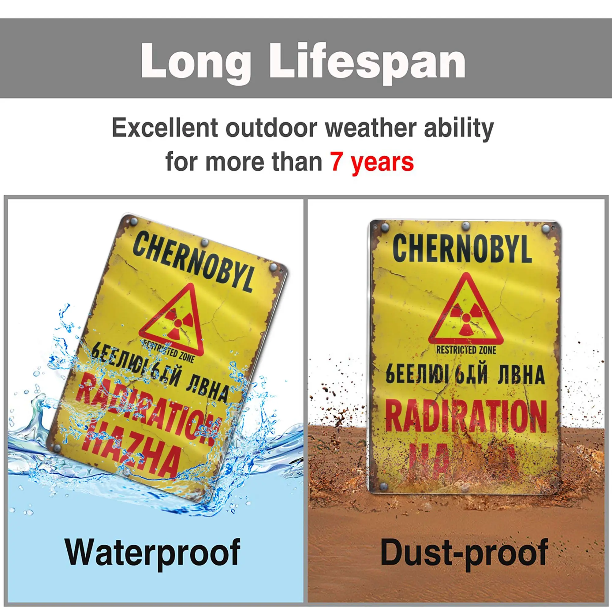 لافتة حديدية لخطر الإشعاع العتيق - لوحة فنية جدارية قديمة مع نص إنجليزي وروسي، لوحة معدنية مطبوعة بالأشعة فوق البنفسجية للمنزل والحديقة، Ba #6