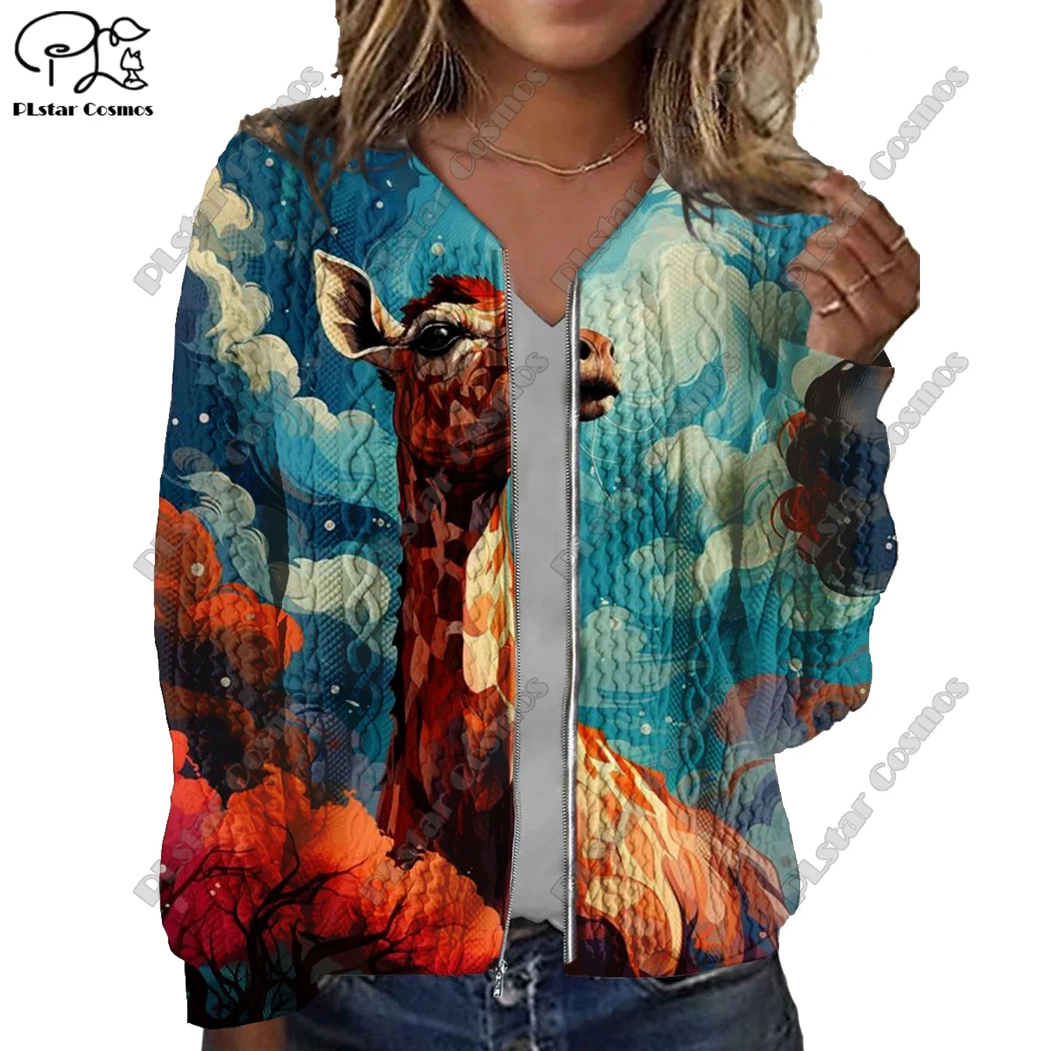 New 3D printed animal series Bear Elk Giraffe Raccoon Pattern Print Women's Jacket Threaded Texture Casual Genuine Short Jacket