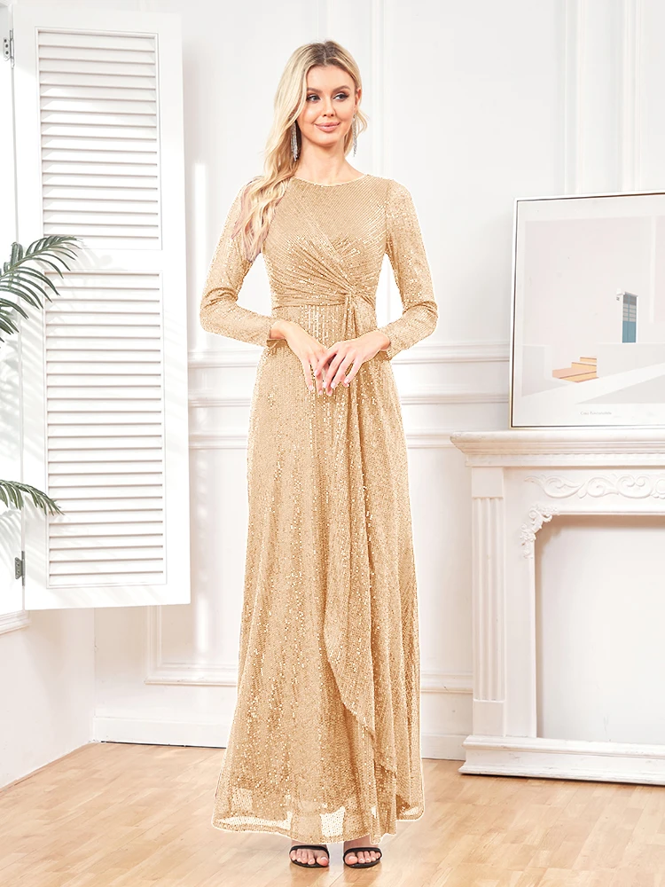 Lucyinlove elegant Long Sleeve O-Neck Gold Sequins Evening Dress Luxury 2024 Women Wedding Party Prom Cocktail Dress Vestido