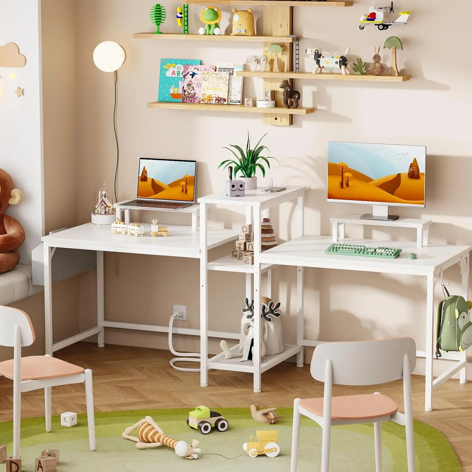 2 Person Gaming Desk with LED Lights, 71 Inch Computer Desk with Power Outlets and Monitor Stand, Double Desk with Storage Bag a