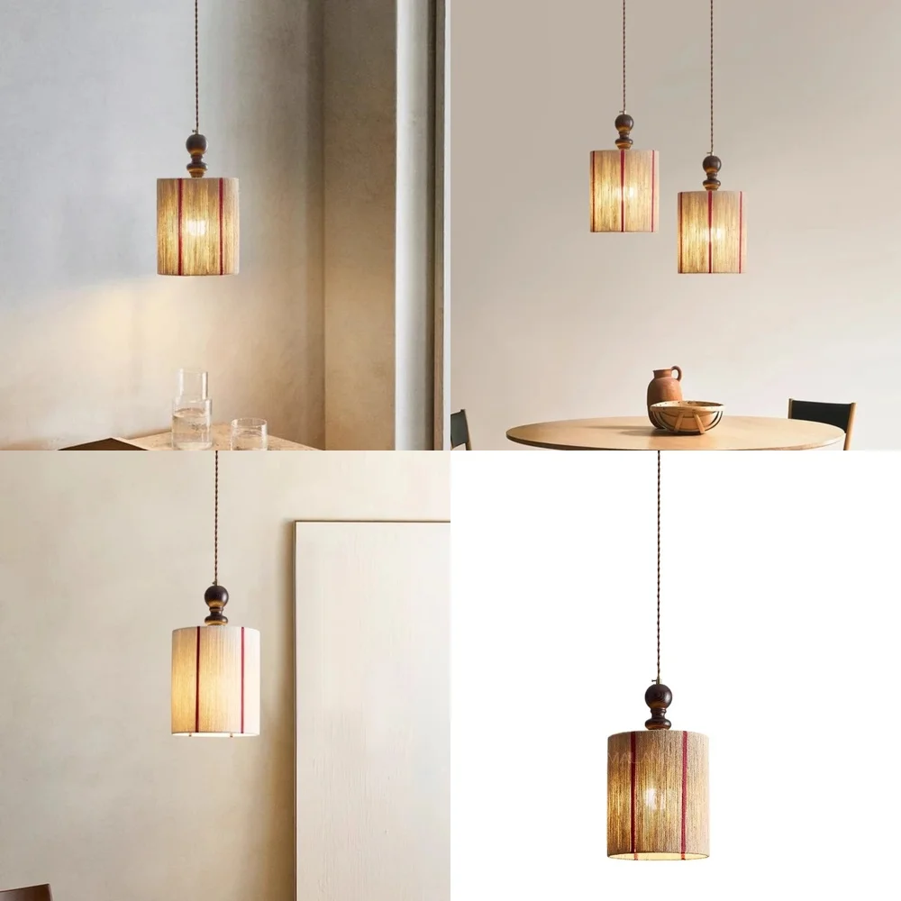 2026 for French Retro Cylindrical Hemp Rope LED Ceiling Pendant Light for Study Living Room Bedroom Restaurant Adjustable
