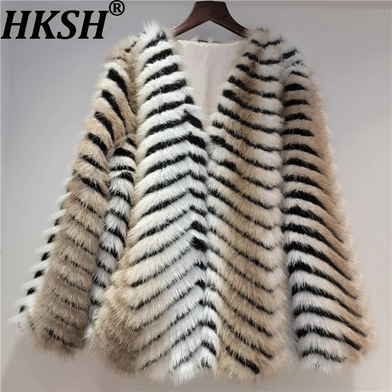 

HKSH осень-зима новая женская шуба из искусственного меха с v-образным вырезом в полоску контрастного цвета роскошная куртка элитного модного теплого пальто HK12968