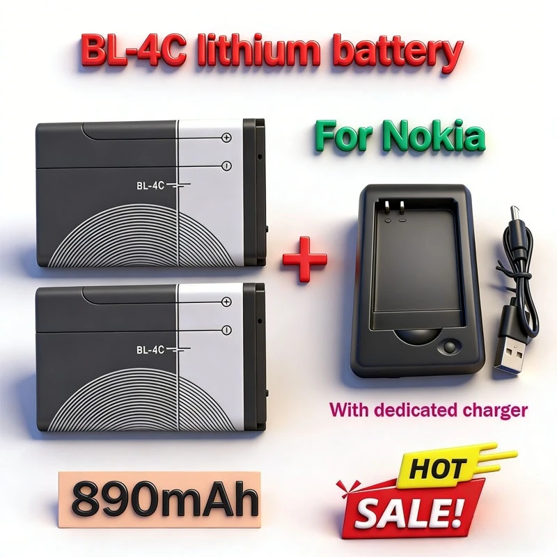 

BL4C Battery 890mAh Rechargeable for Nokia 6100 2228 1265 6088 6301 6300 7200 7270 6125 6102 3500C 2652 1325 Batteries+charger