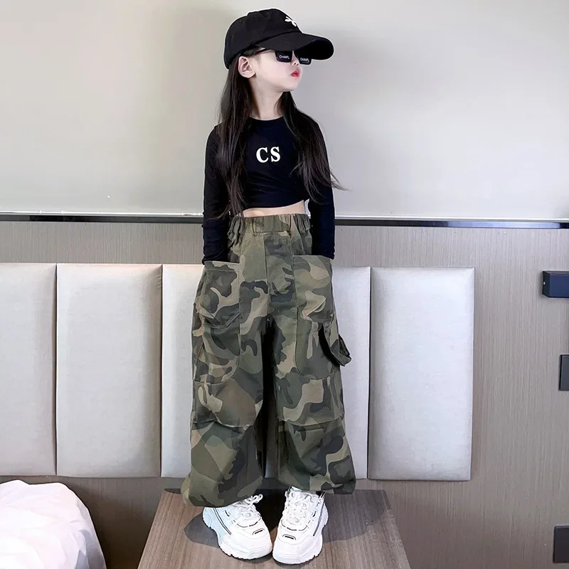 gril Pants Children\'s Sports Fashion Camouflage Overalls Elastic Waist Large Pocket grils Street Casual Pants