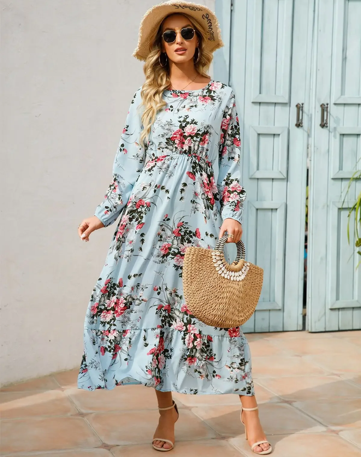 Women Eid Muslim Dresses Flowers Party Dress Morocco Tight Waist Slim Fit Vestidos O Neck Arab Dubai Kaftan Casual Ruffles