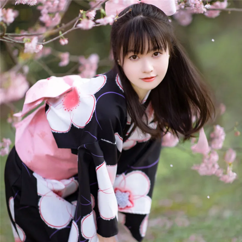 Shenming Girl Improved Kimono Bathrobe Japanese Zhaohe New Black Cute Pink Floral Style Dress