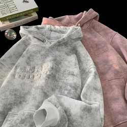 Tie-dye Hoodies Hipster Street Distressed Pullover Hoodie Embossed Letter Design Loose Fit Hooded Sweatshirt Men Women Hoodie