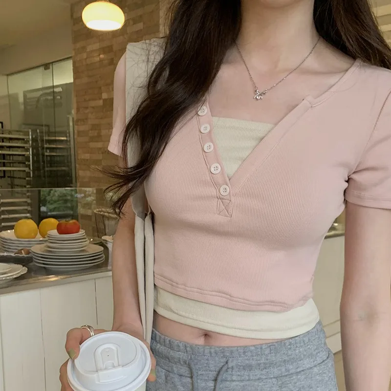 Fake Two Pieces T-shirts Women Summer New Short-sleeved Solid Color Slim Casual Thin Korean Style Office Lady Short Tops Female