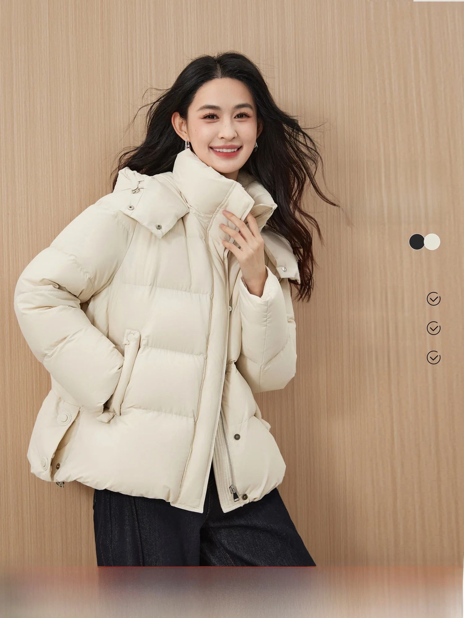 

Легкая женская куртка-пуховик с высоким воротником, свободного кроя, с наполнителем из белого гусиного пуха, модная, теплая, со встроенной шапкой