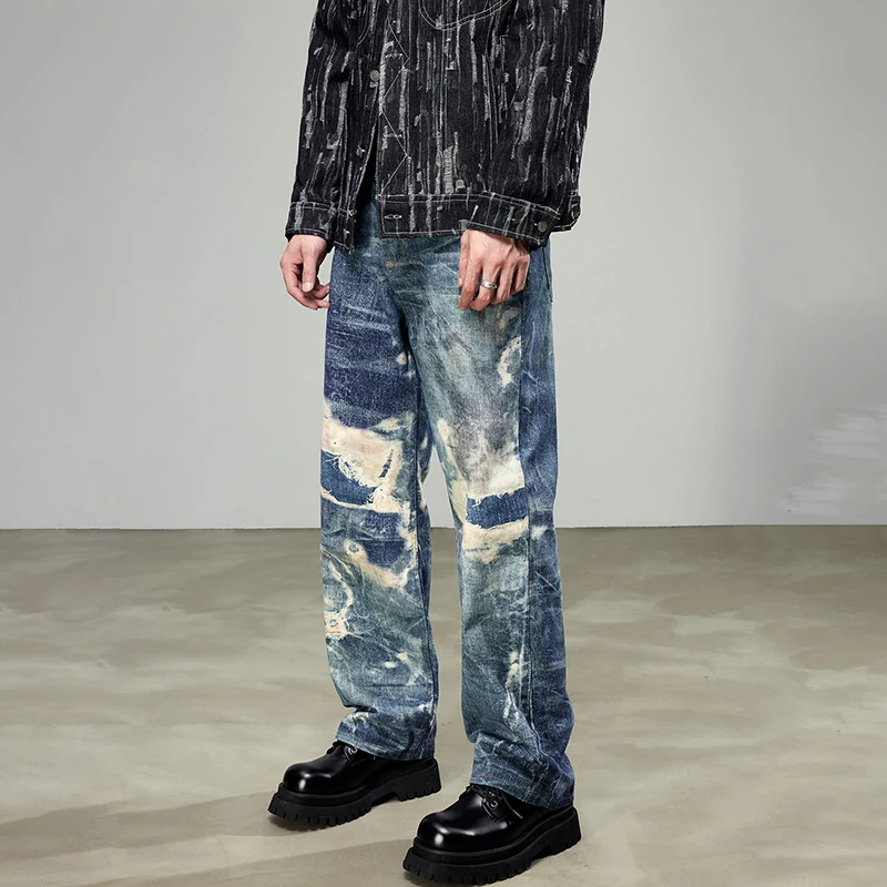 

JK9605 street heavy denim jeans men's tide brand loose personality design sense niche gangster handsome fried street trousers
