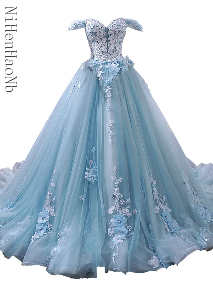 Blue Quinceanera Dresses Off The Shoulder Princess Prom Dress Appliques Ball Gown With Small Train Vestidos De 15