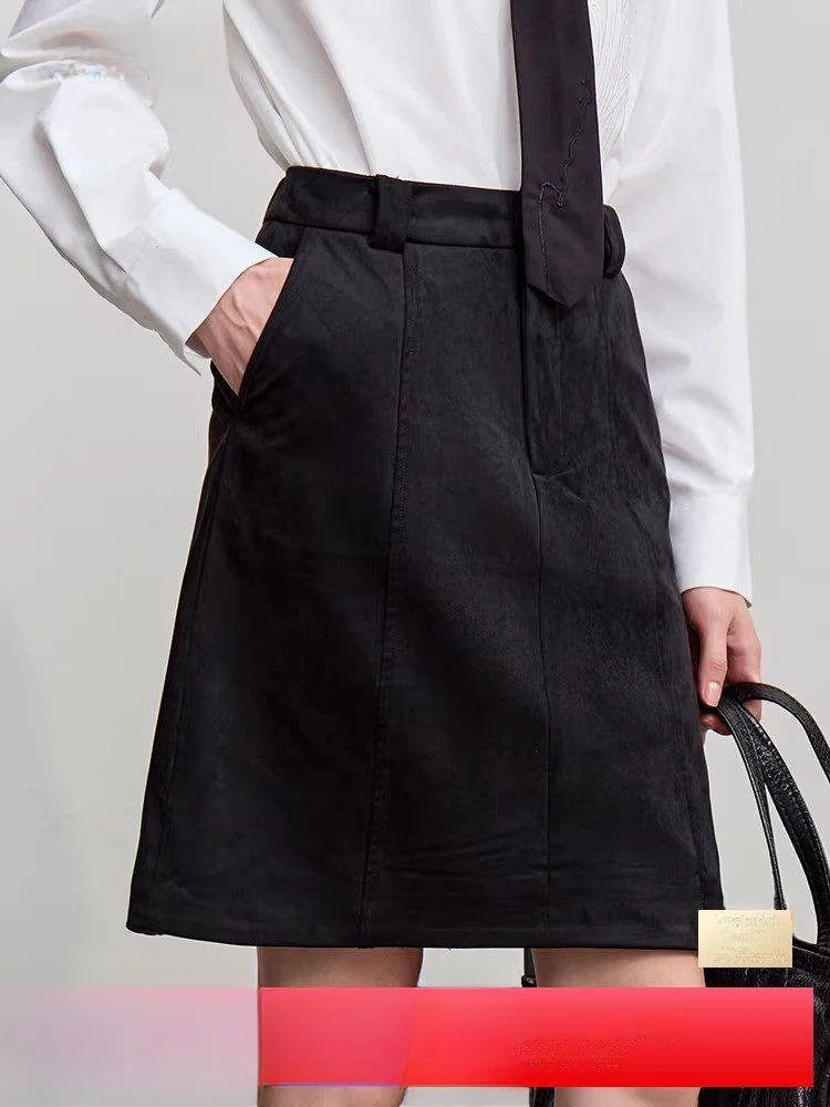

Retro Beau Dryad Suede Skirt High Waist Slimming Commuter Sle Polyester Fiber A-Line Skirt Zipper Closure