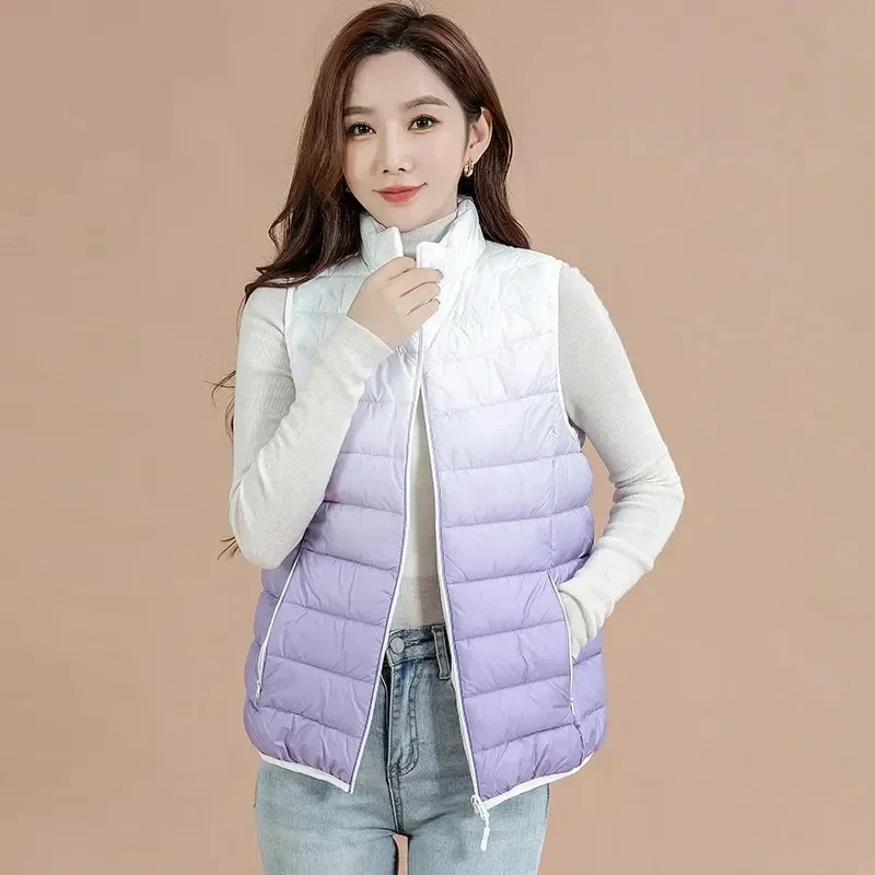 Autumn Winter New Light Thin Standing Collar Down Cotton Vest Women's Slim Fashion Sleeveless Warm Gradient Waistcoat Female