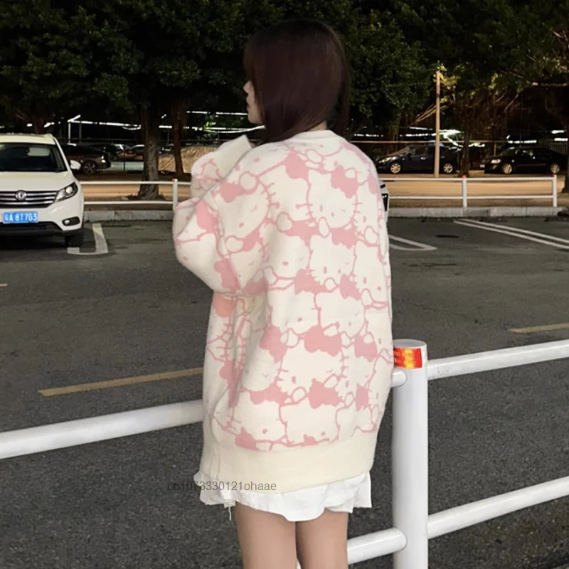 New Sanrio Cartoon Knitted Sweater Women Full Print Hello Kitty Cute Girls Pullovers Y2k Preppy Style Casual Clothing Sweet Tops