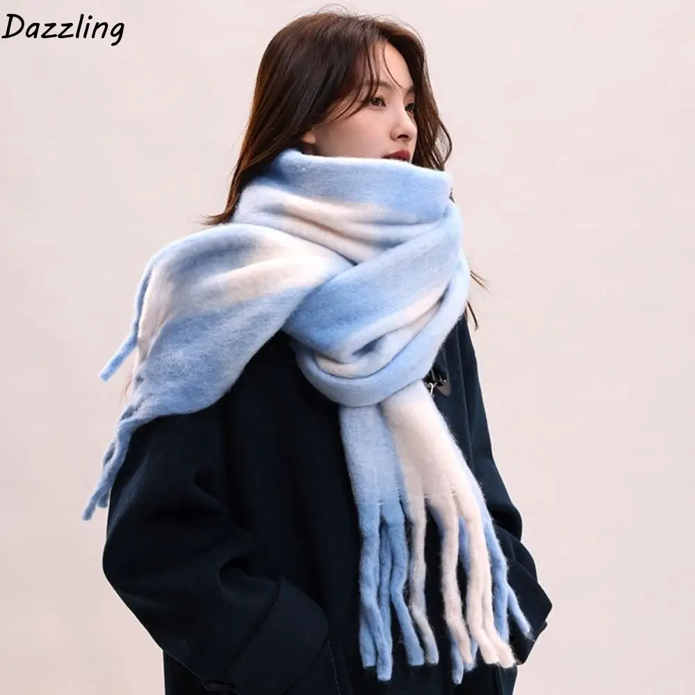 

Модный шерстяной шарф в клетку из мохера, плюшевые утолщенные зимние кашемировые шарфы, длинная шаль с кисточками в корейском стиле, осень-зима